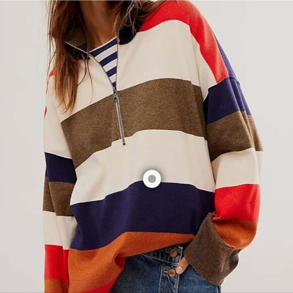 Women's NEW Lapel Sweaters Long Sleeve V Neck Striped Print/Contrast Color Knit - Picture 4 of 6